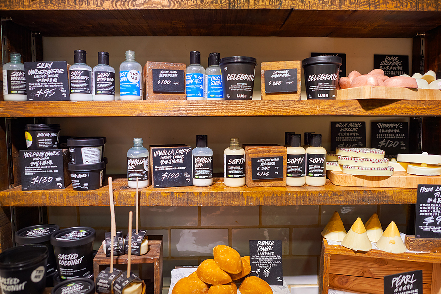 Shelves in a Lush store