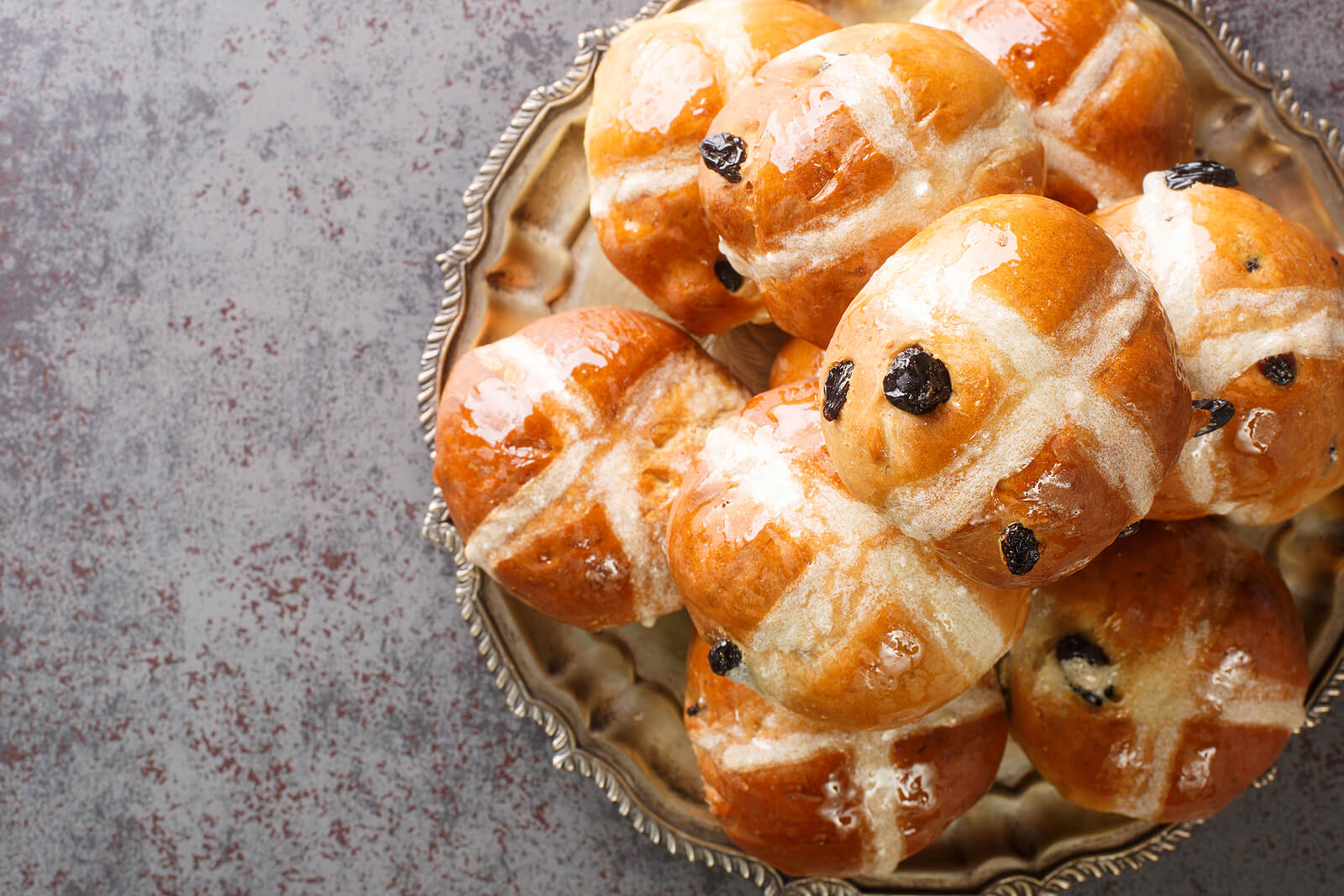 A plate of hot cross buns for Easter
