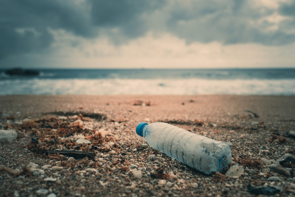 plastic bottle litter on a beach