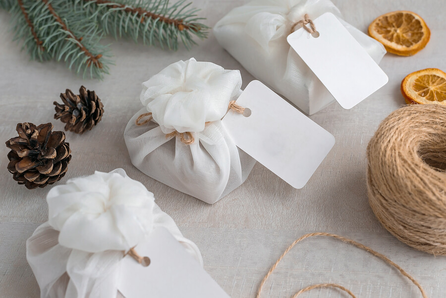 Homemade Christmas gifts, wrapped using furoshiki fabric