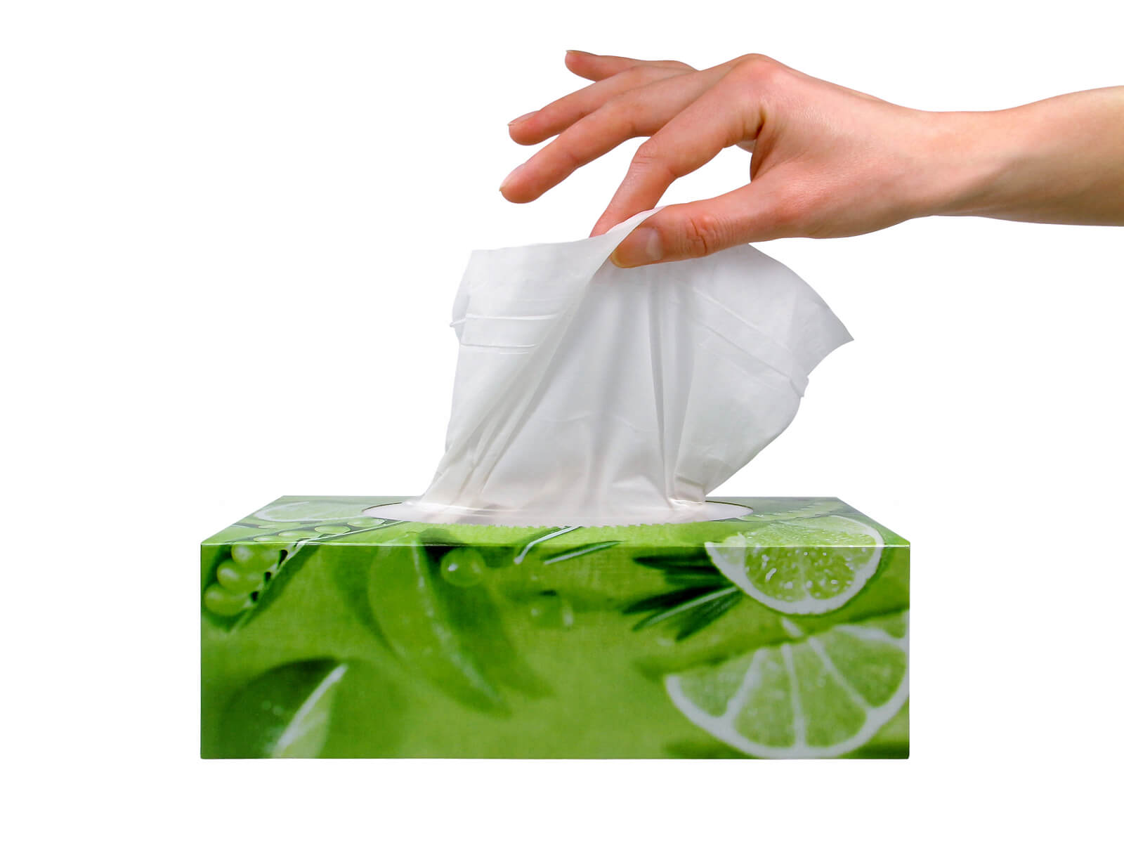 A female hand grabbing a tissue from a green tissue box, against a white background.