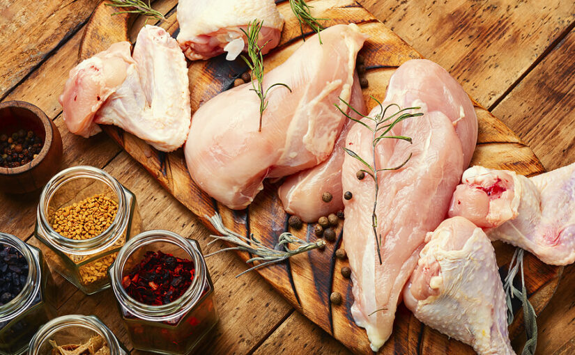 Sliced chicken meat and ingredients. Assortment raw chicken meat. Healthy eating